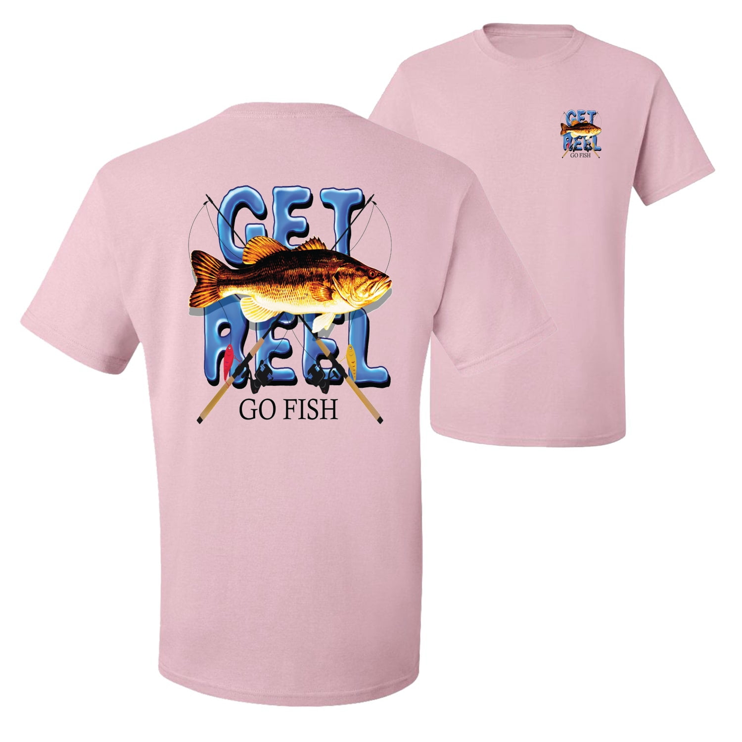 Wild Bobby,Get Reel Go Fish Fishing Front and Back Men's Graphic T-Shirt,  Light Pink, Medium