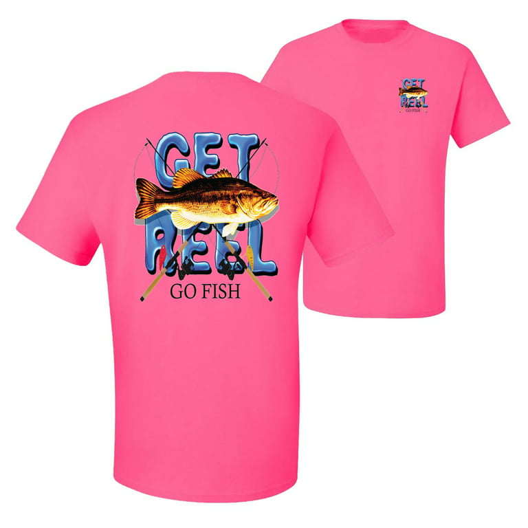 Wild Bobby,Get Reel Go Fish Fishing Front and Back Men's Graphic T-Shirt,  Neon Pink, Small 