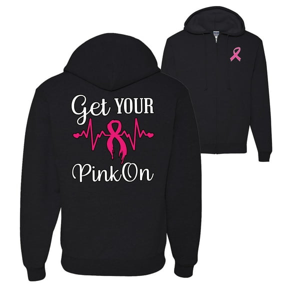 Wild Bobby, Get Your Pink On, Breast Cancer Awareness, Front and Back Graphic Zip Up Hoodie Sweatshirt, Black, Small
