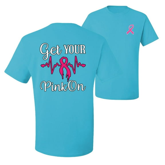 Wild Bobby, Get Your Pink On, Breast Cancer Awareness, Front and Back Men's Graphic Tees, Light Turquoise, Small