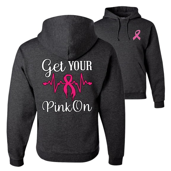 Wild Bobby, Get Your Pink On, Breast Cancer Awareness, Front and Back Unisex Graphic Hoodie Sweatshirt, Heather Black, X-Large