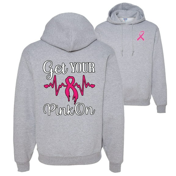Wild Bobby, Get Your Pink On, Breast Cancer Awareness, Front and Back Unisex Graphic Hoodie Sweatshirt, Heather Grey, X-Large
