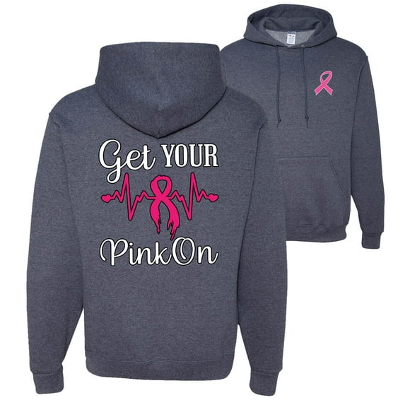 Wild Bobby, Get Your Pink On, Breast Cancer Awareness, Front and Back Unisex Graphic Hoodie Sweatshirt, Vintage Heather Navy, Large