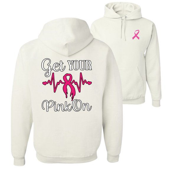 Wild Bobby, Get Your Pink On, Breast Cancer Awareness, Front and Back Unisex Graphic Hoodie Sweatshirt, White, Large