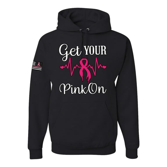 Wild Bobby, Get Your Pink On USA Flag Sleeve Breast Cancer Awareness Unisex Hoodie Sweatshirt, Black, Small