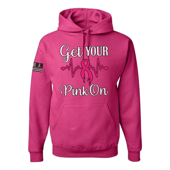 Wild Bobby, Get Your Pink On USA Flag Sleeve Breast Cancer Awareness Unisex Hoodie Sweatshirt, Fuschia, Large