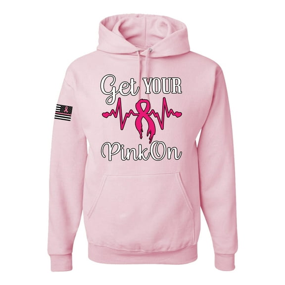Wild Bobby, Get Your Pink On USA Flag Sleeve Breast Cancer Awareness Unisex Hoodie Sweatshirt, Light Pink, X-Large