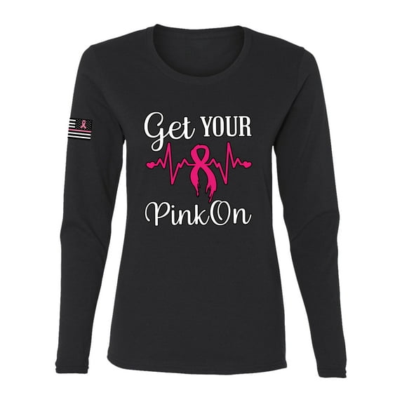 Wild Bobby, Get Your Pink On USA Flag Sleeve Breast Cancer Awareness Women Long Sleeve Tee, Black, Small