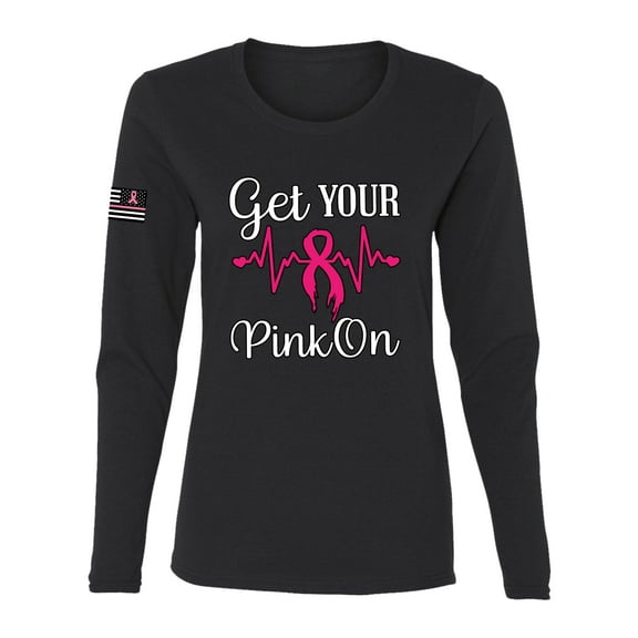 Wild Bobby, Get Your Pink On USA Flag Sleeve Breast Cancer Awareness Women Long Sleeve Tee, Black, Small