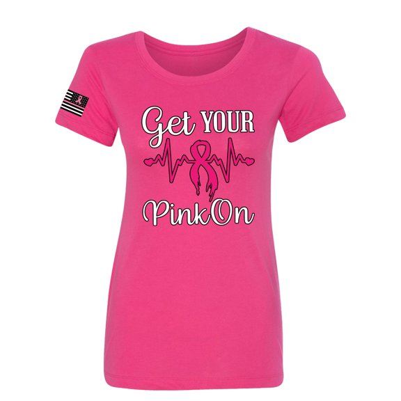 Wild Bobby, Get Your Pink On USA Flag Sleeve Breast Cancer Awareness Women Slim Fit Junior Tee, Raspberry, Large