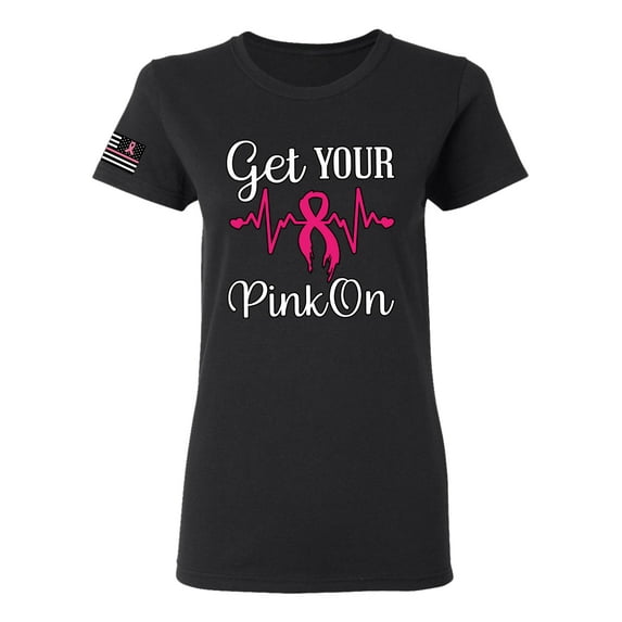 Wild Bobby Get Your Pink On USA Flag Sleeve Breast Cancer Awareness Women Tee, Black, Small