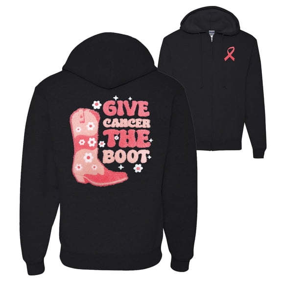 Wild Bobby Give Cancer the Boot | Breast Cancer Awareness Support Trendy Fuzzy Pink Chenille Fabric Patch Style Front and Back Zip Up Hoodie Sweatshirt