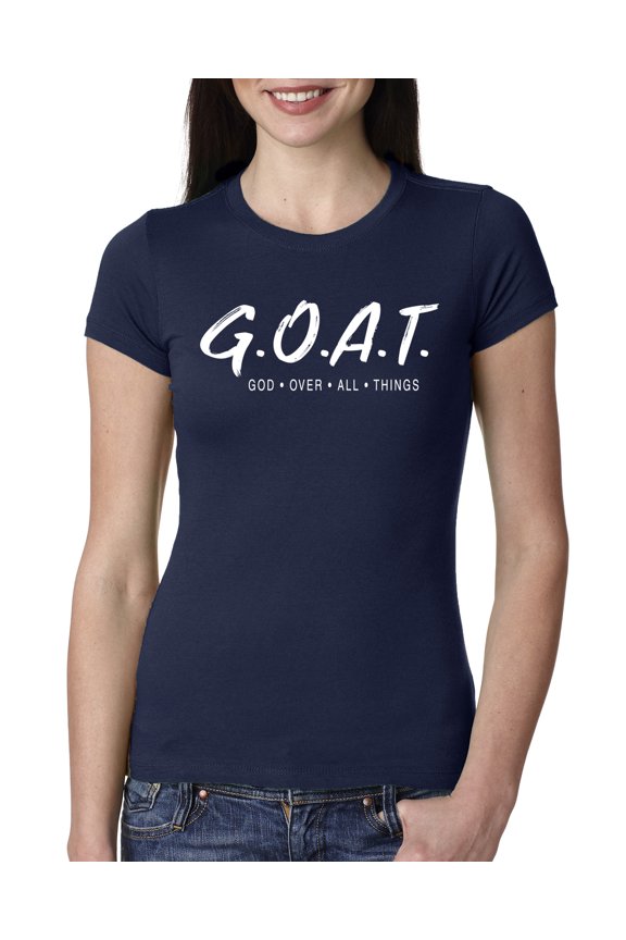 , Goat God Over All Things Inspirational/Christian Women Slim Fit Junior Tee, Navy, Medium