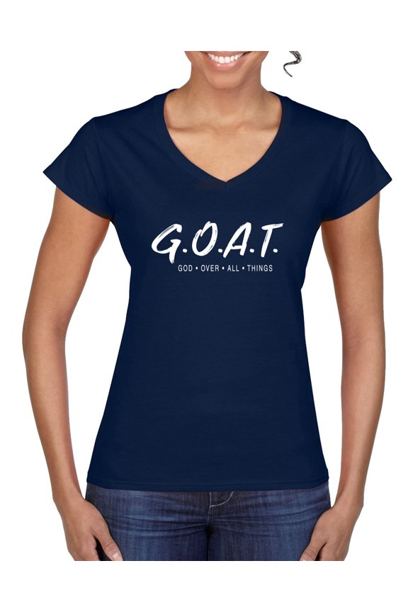 Goat God Over All Things Inspirational/Christian Women Standard V-Neck Tee, Navy, Medium