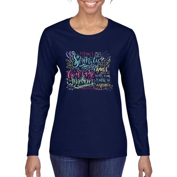 Wild Bobby, God Grant Me Serenity Courage and Wisdom Prayer Faith, Inspirational/Christian, Women Graphic Long Sleeve Tee, Navy, Small