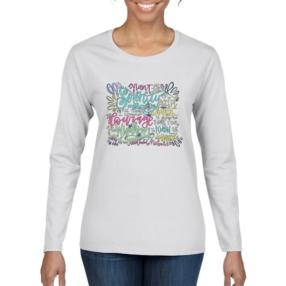 Wild Bobby, God Grant Me Serenity Courage and Wisdom Prayer Faith, Inspirational/Christian, Women Graphic Long Sleeve Tee, White, Medium