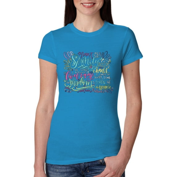 Wild Bobby, God Grant Me Serenity Courage and Wisdom Prayer Faith, Inspirational/Christian, Women Slim Fit Junior Tee, Turquoise, Medium