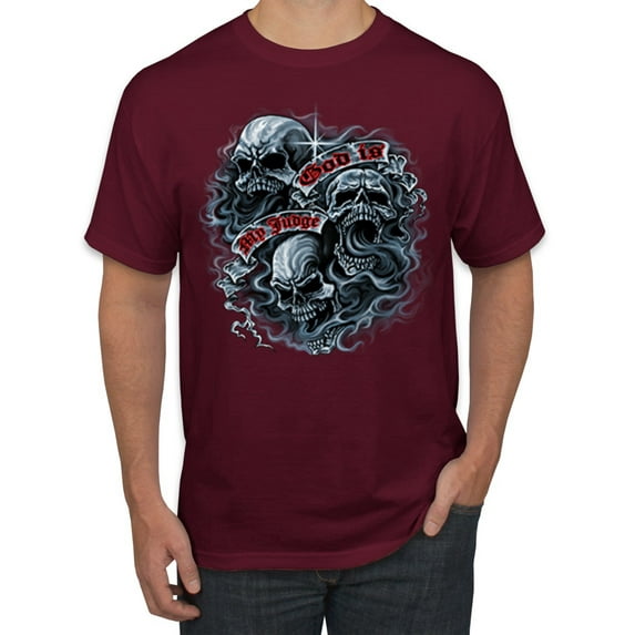 Wild Bobby, God Is My Judge Smokey Gray Skull Dark Pop Culture Men's Graphic T-Shirt, Maroon, Small