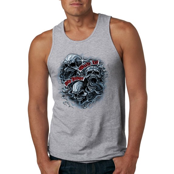 Wild Bobby, God Is My Judge Smokey Gray Skull Dark Pop Culture Mens Graphic Tank Top, Heather Grey, Small