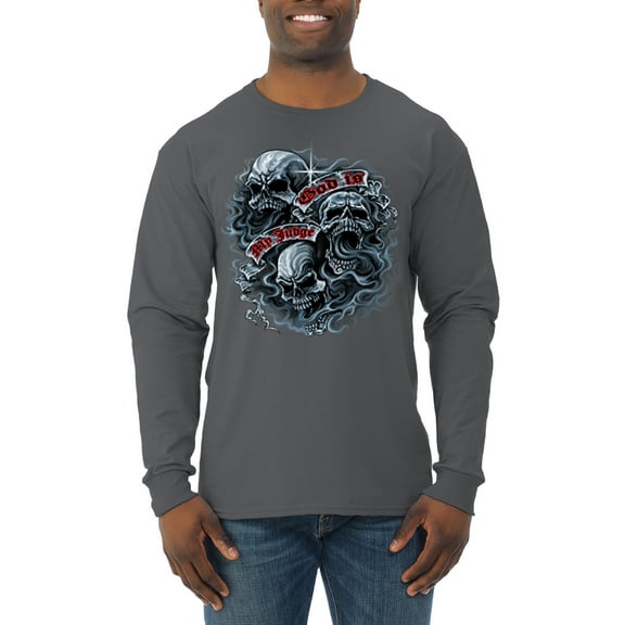 Wild Bobby, God Is My Judge Smokey Gray Skull Dark Pop Culture Mens Long Sleeve Shirt, Charcoal, X-Large
