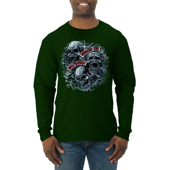 Wild Bobby, God Is My Judge Smokey Gray Skull Dark Pop Culture Mens Long Sleeve Shirt, Forest Green, Small