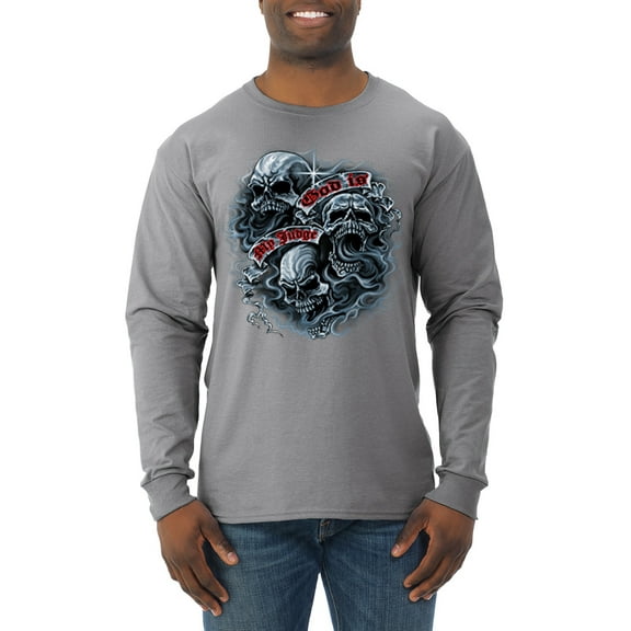 Wild Bobby, God Is My Judge Smokey Gray Skull Dark Pop Culture Mens Long Sleeve Shirt, Heather Grey, Medium