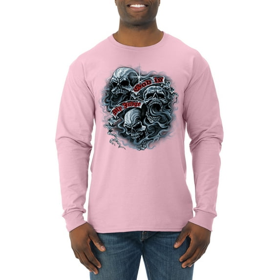 Wild Bobby, God Is My Judge Smokey Gray Skull Dark Pop Culture Mens Long Sleeve Shirt, Light Pink, Large