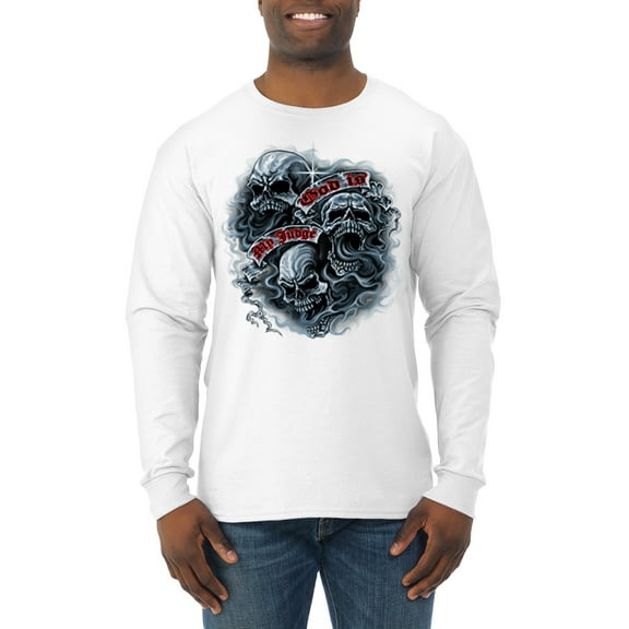 Wild Bobby, God Is My Judge Smokey Gray Skull Dark Pop Culture Mens Long Sleeve Shirt, White, X-Large