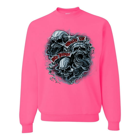 Wild Bobby, God Is My Judge Smokey Gray Skull Dark Pop Culture Unisex Crewneck Graphic Sweatshirt, Neon Pink, Large