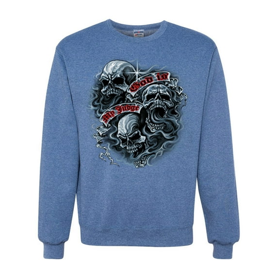 Wild Bobby, God Is My Judge Smokey Gray Skull Dark Pop Culture Unisex Crewneck Graphic Sweatshirt, Vintage Heather Blue, Large