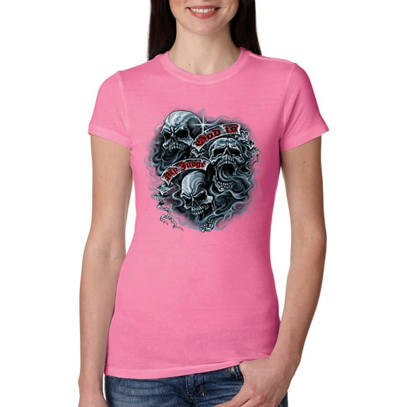 Wild Bobby, God Is My Judge Smokey Gray Skull Dark Pop Culture Womens Slim Fit Junior Tee, Hot Pink, Large