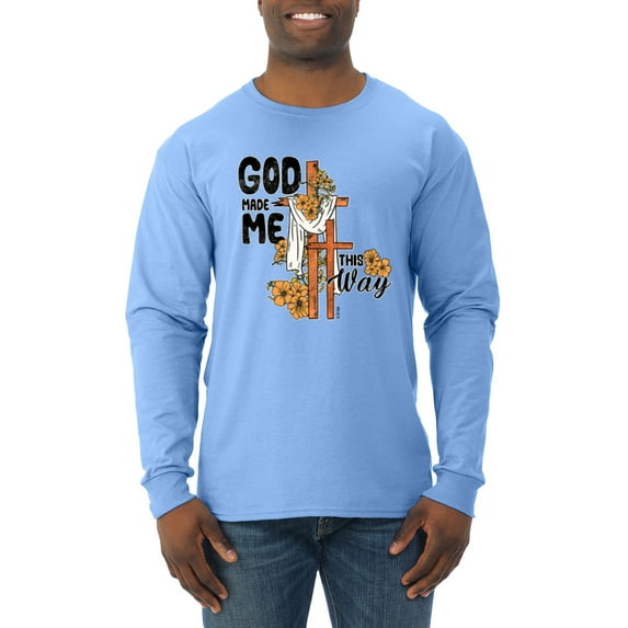 Wild Bobby God Made Me This Way Cross with Sunflowers Inspirational/Christian Men Long Sleeve Shirt, Light Blue, Medium