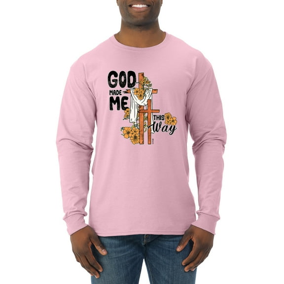 Wild Bobby God Made Me This Way Cross with Sunflowers Inspirational/Christian Men Long Sleeve Shirt, Light Pink, Medium