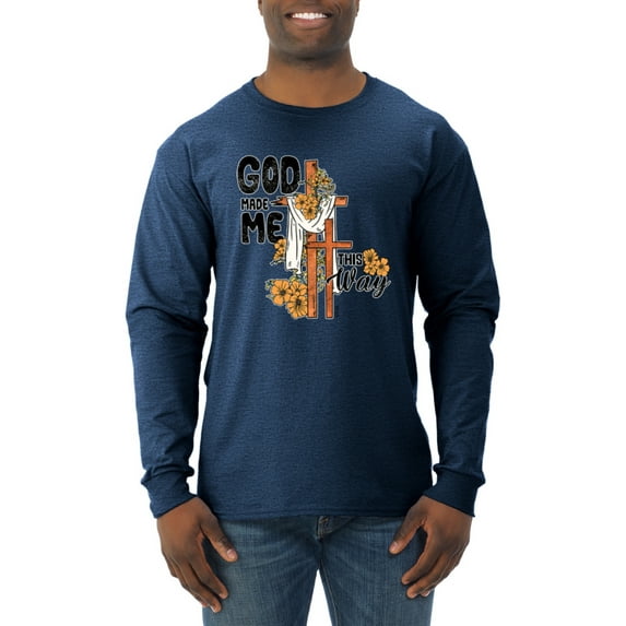 Wild Bobby God Made Me This Way Cross with Sunflowers Inspirational/Christian Men Long Sleeve Shirt, Vintage Heather Navy, Large