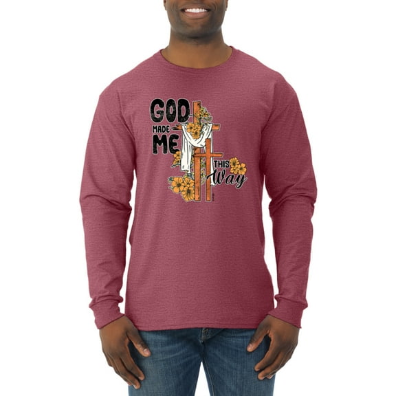 Wild Bobby God Made Me This Way Cross with Sunflowers Inspirational/Christian Men Long Sleeve Shirt, Vintage Heather Red, XX-Large