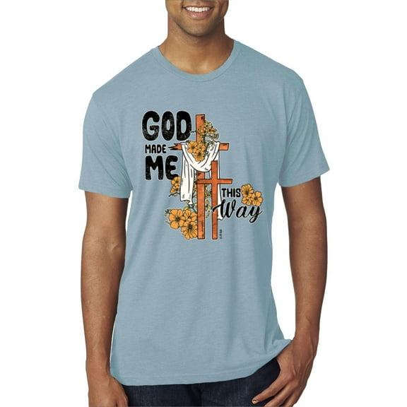 Wild Bobby God Made Me This Way Cross with Sunflowers Inspirational/Christian Men Premium Tri Blend Tee, Denim, Medium