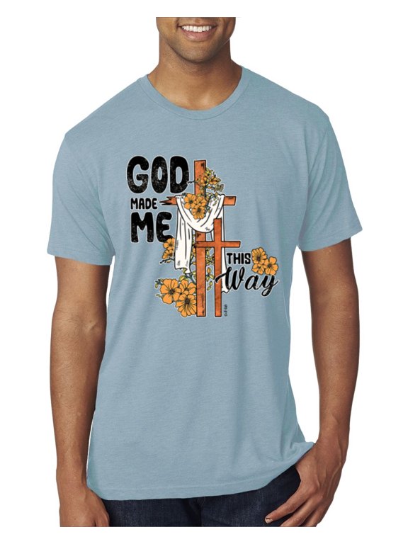 God Made Me This Way Cross with Sunflowers Inspirational/Christian Men Premium Tri Blend Tee, Denim, X-Large