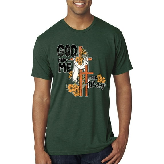 Wild Bobby God Made Me This Way Cross with Sunflowers Inspirational/Christian Men Premium Tri Blend Tee, Forest Green, X-Large