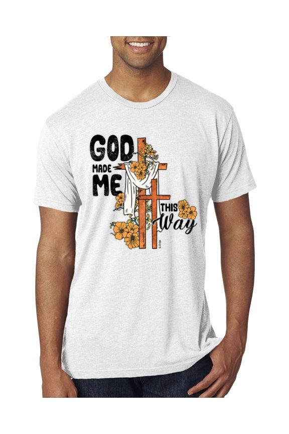 God Made Me This Way Cross with Sunflowers Inspirational/Christian Men Premium Tri Blend Tee, Heather White, Medium