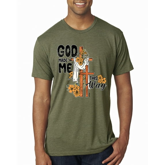 Wild Bobby God Made Me This Way Cross with Sunflowers Inspirational/Christian Men Premium Tri Blend Tee, Military Green, Large