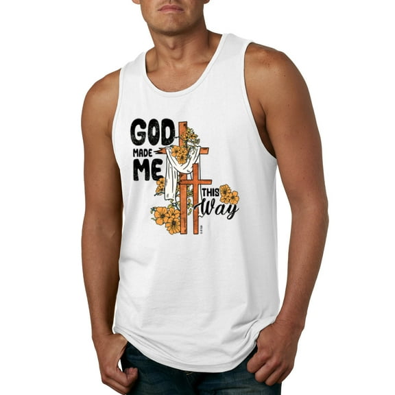 Wild Bobby God Made Me This Way Cross with Sunflowers Inspirational/Christian Men Tank Top, White, 3X-Large