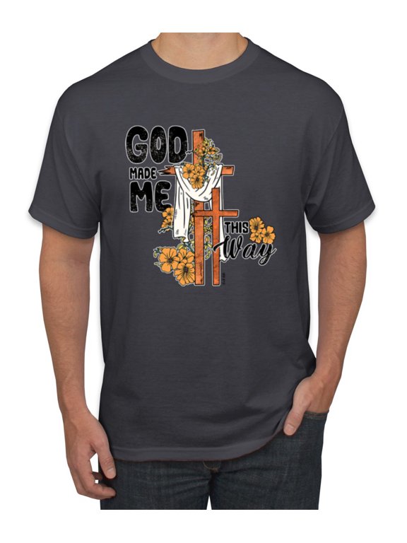 God Made Me This Way Cross with Sunflowers Inspirational/Christian Men Tee, Charcoal, Large