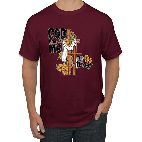 Wild Bobby God Made Me This Way Cross with Sunflowers Inspirational/Christian Men Tee, Maroon, 4X-Large