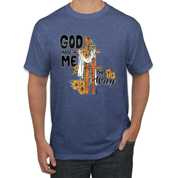 Wild Bobby God Made Me This Way Cross with Sunflowers Inspirational/Christian Men Tee, Vintage Heather Blue, X-Large