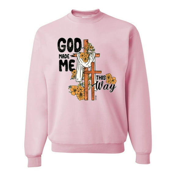 Wild Bobby God Made Me This Way Cross with Sunflowers Inspirational/Christian Unisex Crewneck Sweatshirt, Light Pink, Medium