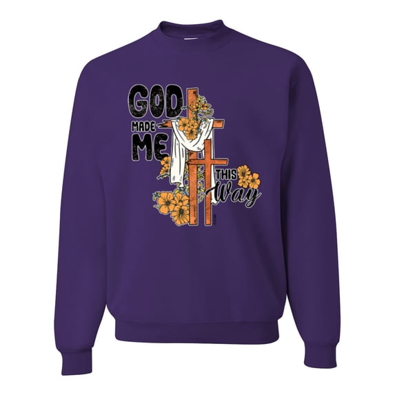 Wild Bobby God Made Me This Way Cross with Sunflowers Inspirational/Christian Unisex Crewneck Sweatshirt, Purple, Large
