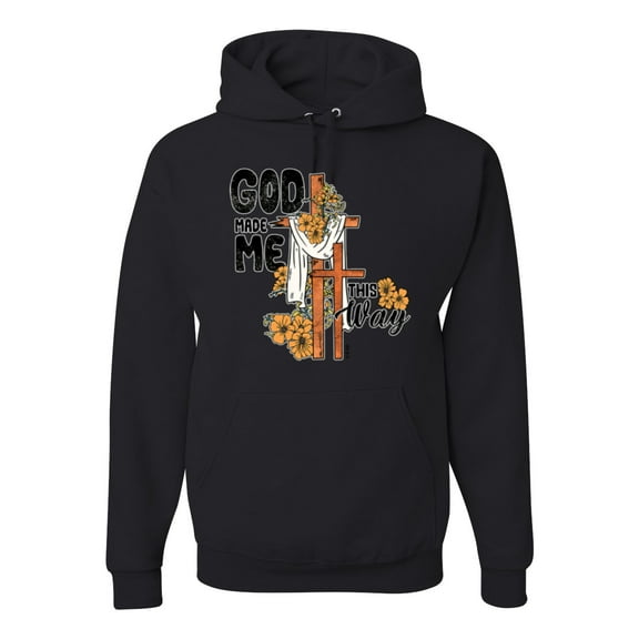 Wild Bobby God Made Me This Way Cross with Sunflowers Inspirational/Christian Unisex Hoodie Sweatshirt, Black, Medium