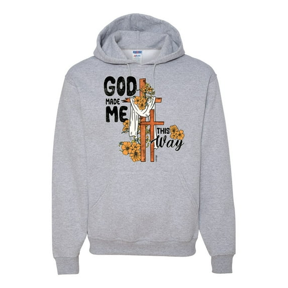 Wild Bobby God Made Me This Way Cross with Sunflowers Inspirational/Christian Unisex Hoodie Sweatshirt, Heather Grey, X-Large