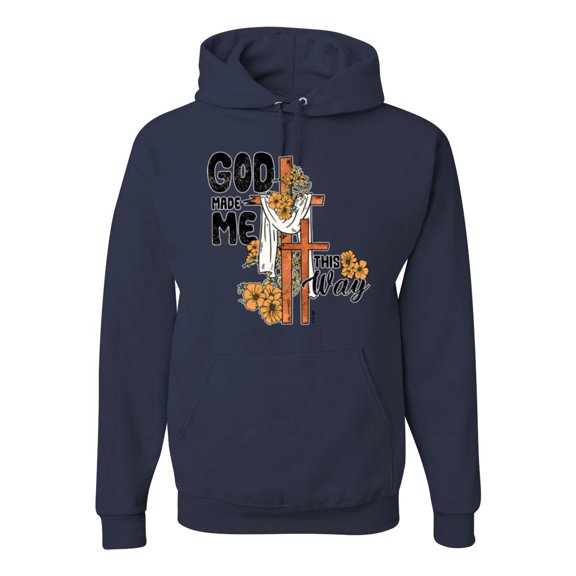 Wild Bobby God Made Me This Way Cross with Sunflowers Inspirational/Christian Unisex Hoodie Sweatshirt, Navy, X-Large