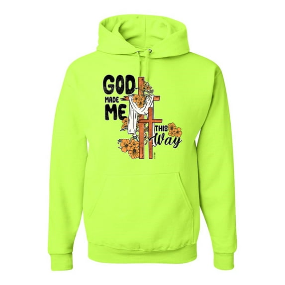 Wild Bobby God Made Me This Way Cross with Sunflowers Inspirational/Christian Unisex Hoodie Sweatshirt, Safety Green, X-Large